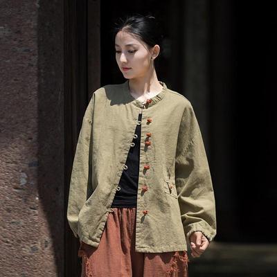 Women Vintage Shirts Tops Stand Long Sleeve Blouses Autumn Button Solid Color Chinese Style Shirts