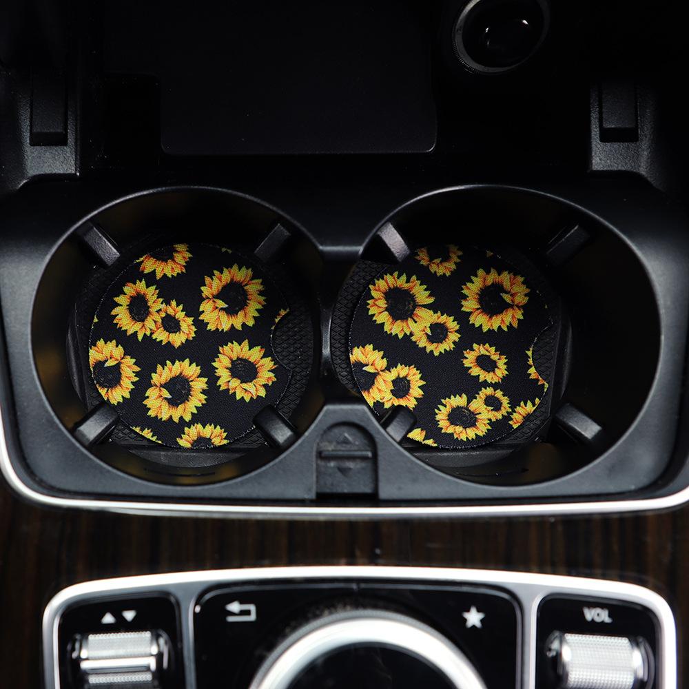 2PCS Car Coaster Water Cup Bottle Holder Waterproof printing Anti-slip Pad Mat Composite rubber Interior Decoration  Accessories