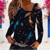 Women Plus Size Asymmetric Cutout Neck Cold Shoulder Long Sleeve Multicolor Printed Fitted Top