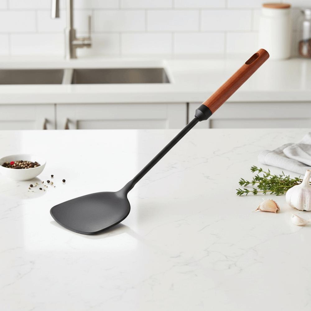 Heat-resistant Iron Wok Spatula Wood Long Handle Strainer Spoon Frying Scoop Chinese Restaurant