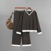 A New Autumn and Winter Striped Knitted Suit for Women, A V-neck Color-blocking Top and Wide-leg Pants Two-piece Set