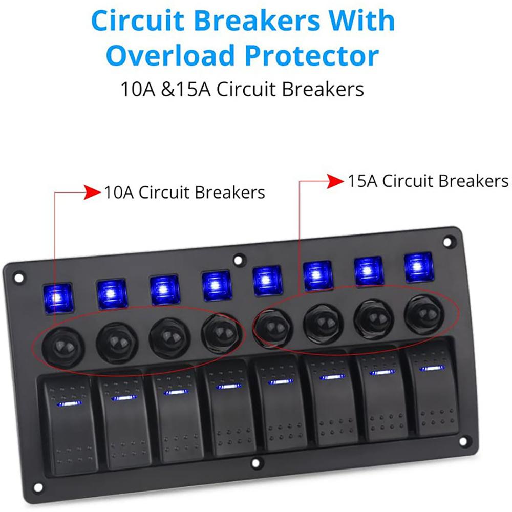 Painel de interruptores de balancim para barco marinho de 8 vias com disjuntores, painel de interruptores LED 12V 24V para barco, trailer, caminhão, acessórios