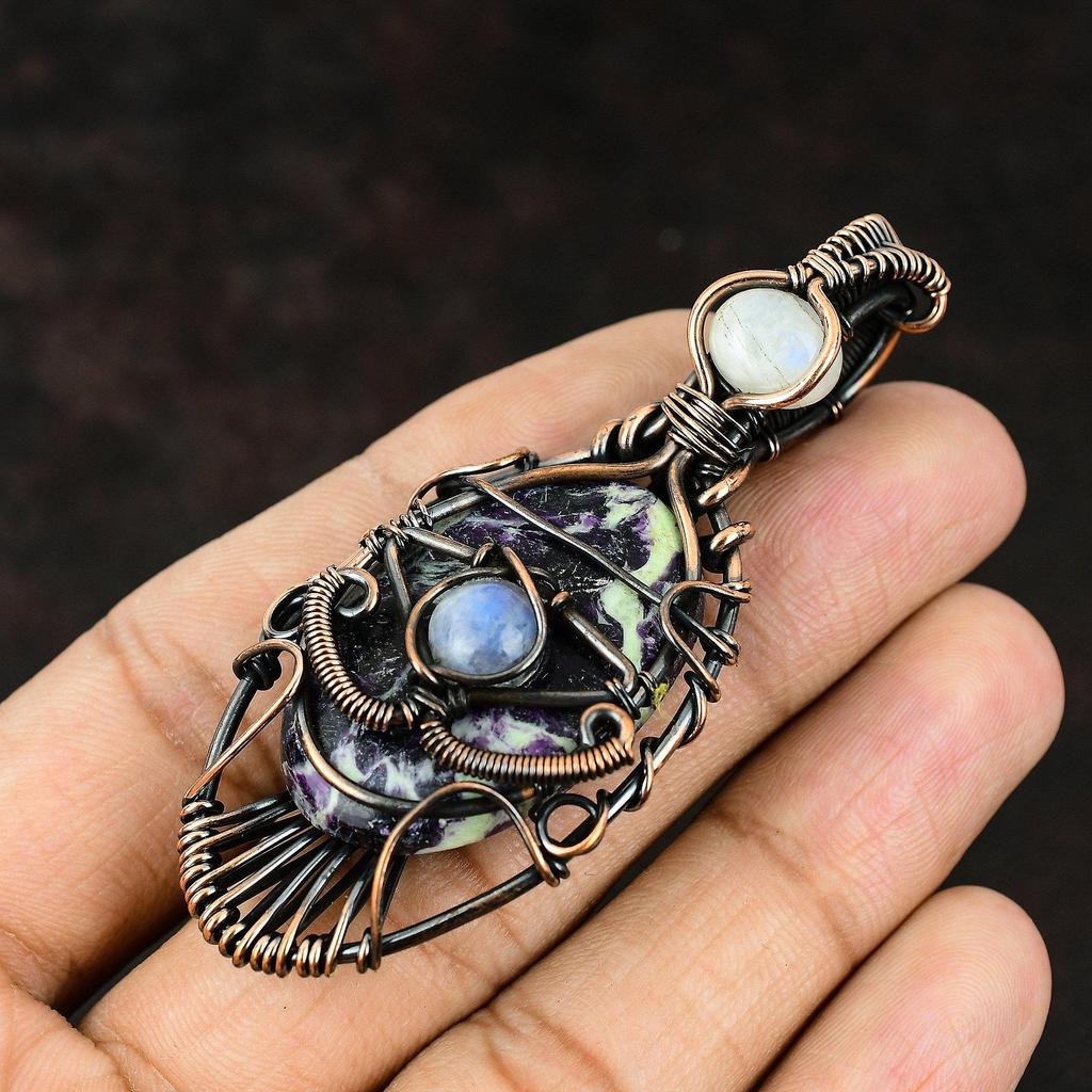 Evil Eye Kammererite Gemstone Copper Pendant Copper Wire Wrapped Jewelry Dainty Moonstone Jewelry Evil Eye Jewelry Handmade Pendant For Gift