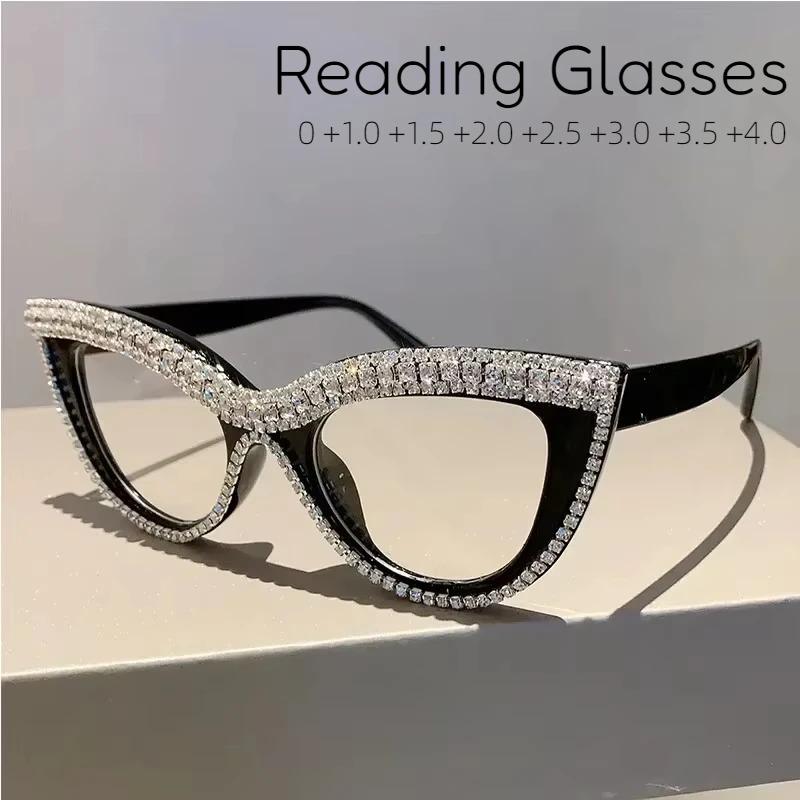 Men Anti Blue Light Far Sight Eyeglasses Cat Eye Diamond Studded Reading Glasses Women Presbyopia Glasses