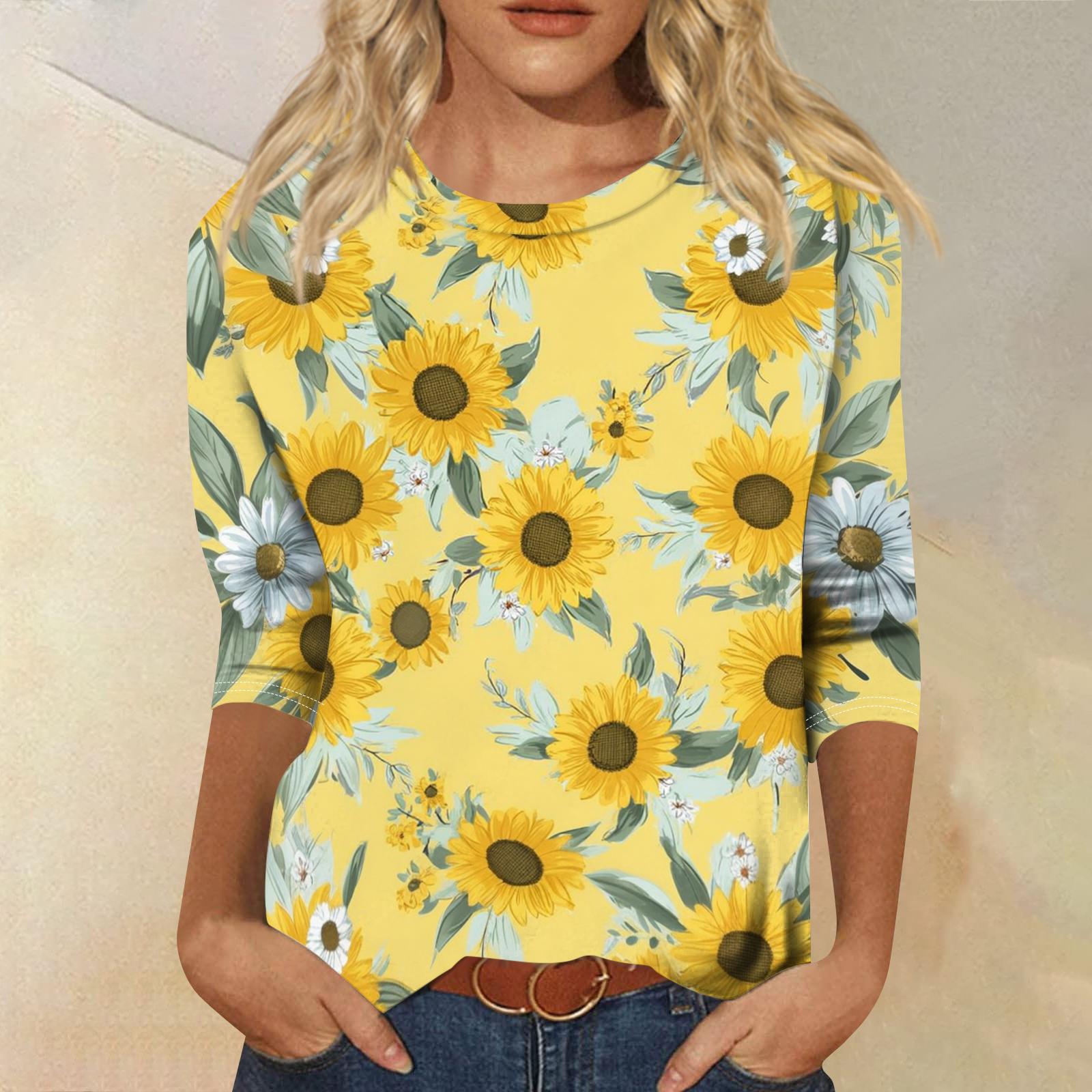 

Women’s Casual Round Neck Long Sleeve T Shirt Sunflower Print Loose Fit Lightweight Pullover Top for Daily Wear XL жовтий