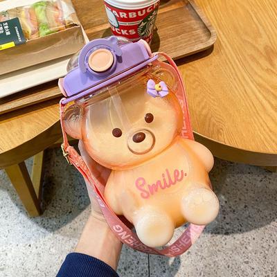 Kawaii ours bouteille d'eau en plastique avec paille sangle Portable bouteilles mignonnes pour enfants pour filles été grande capacité tasse de thé à bulles de lait ZH