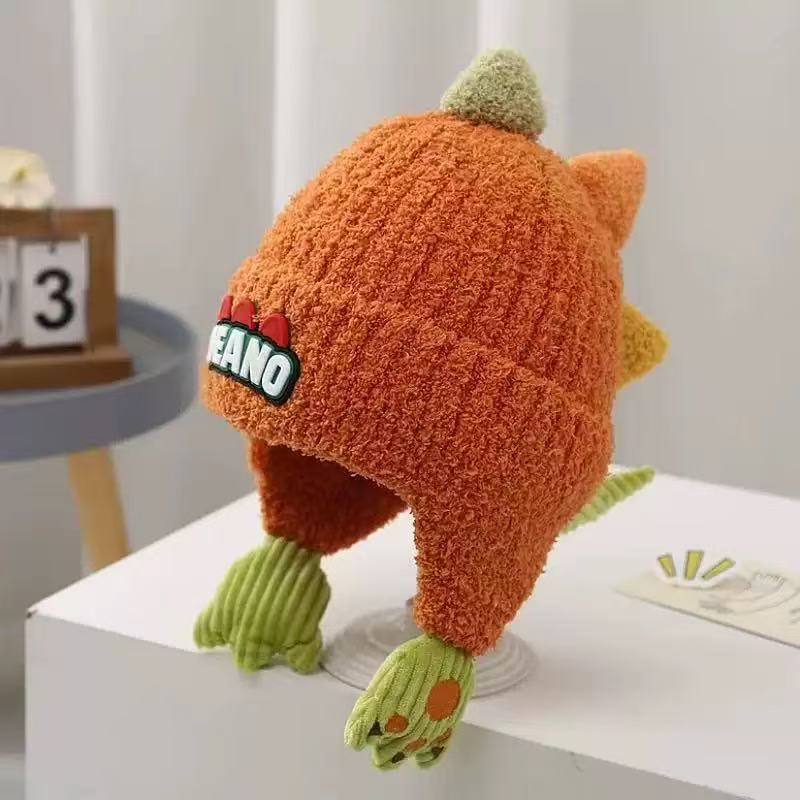 New children's hats autumn and winter ear protectors thickened cute plush dinosaur boys and girls warm knitted wool hats