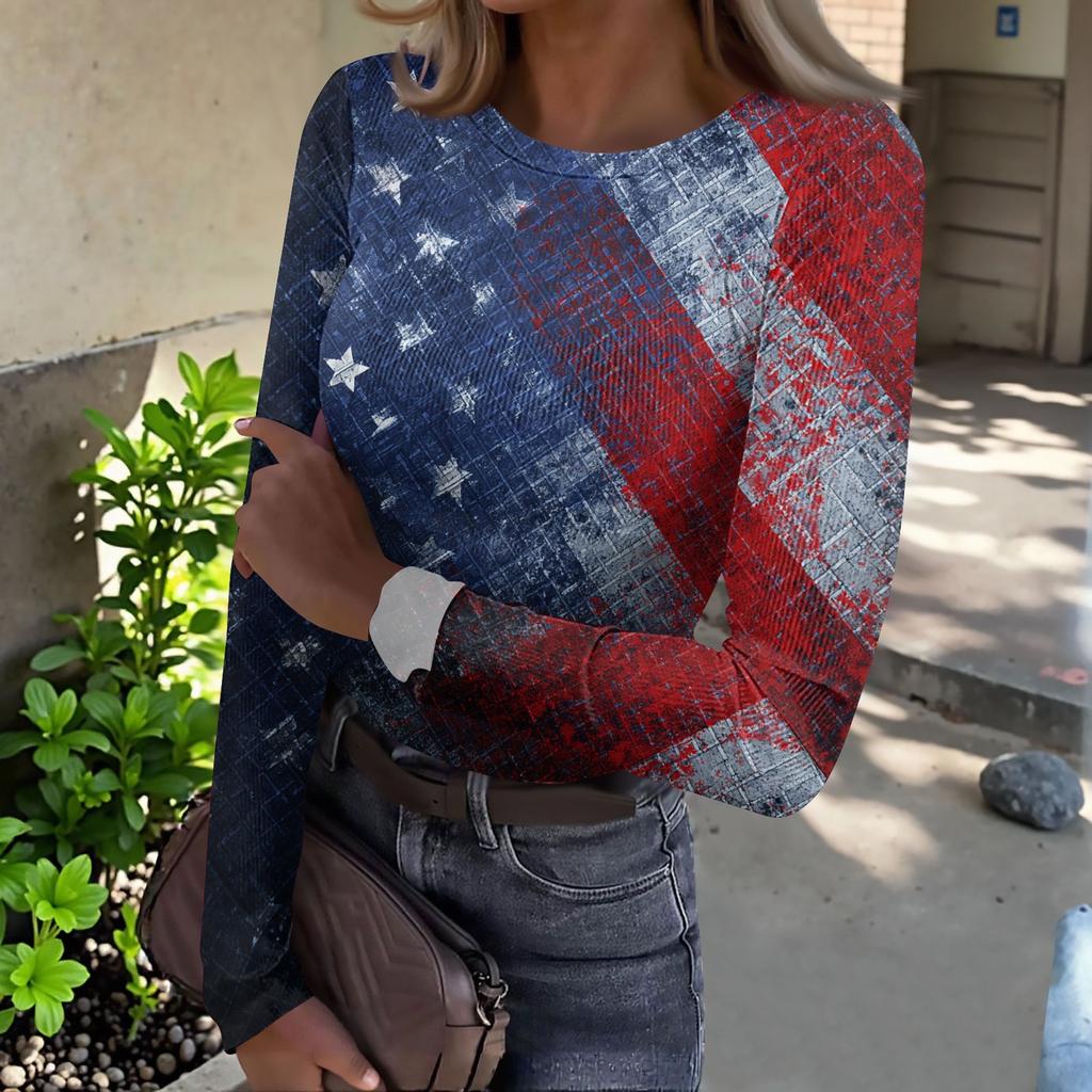 Women's Casual Fashion Round Neck Independence Day Print Long Sleeve Ribbed Top
