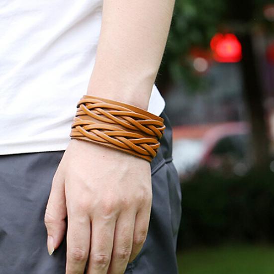 Women Men Punk Style Cool Leather Bangle Knitting Wide Cuff Handmade Bracelet
