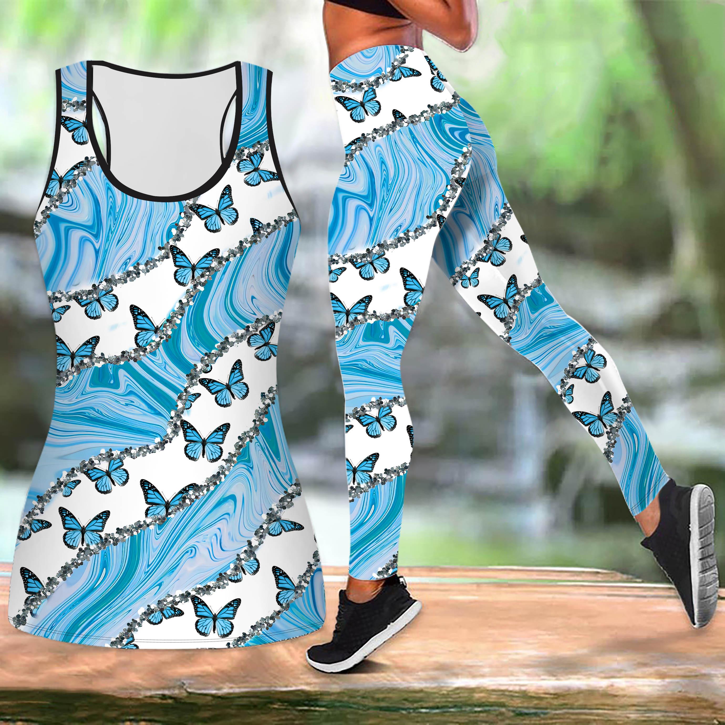 

Двухцветный принт в виде бабочек, комплект для йоги для женщин, модные леггинсы для тренировок, фитнес, спортивный повседневный комплект для йоги, спортивный костюм 8XL синий