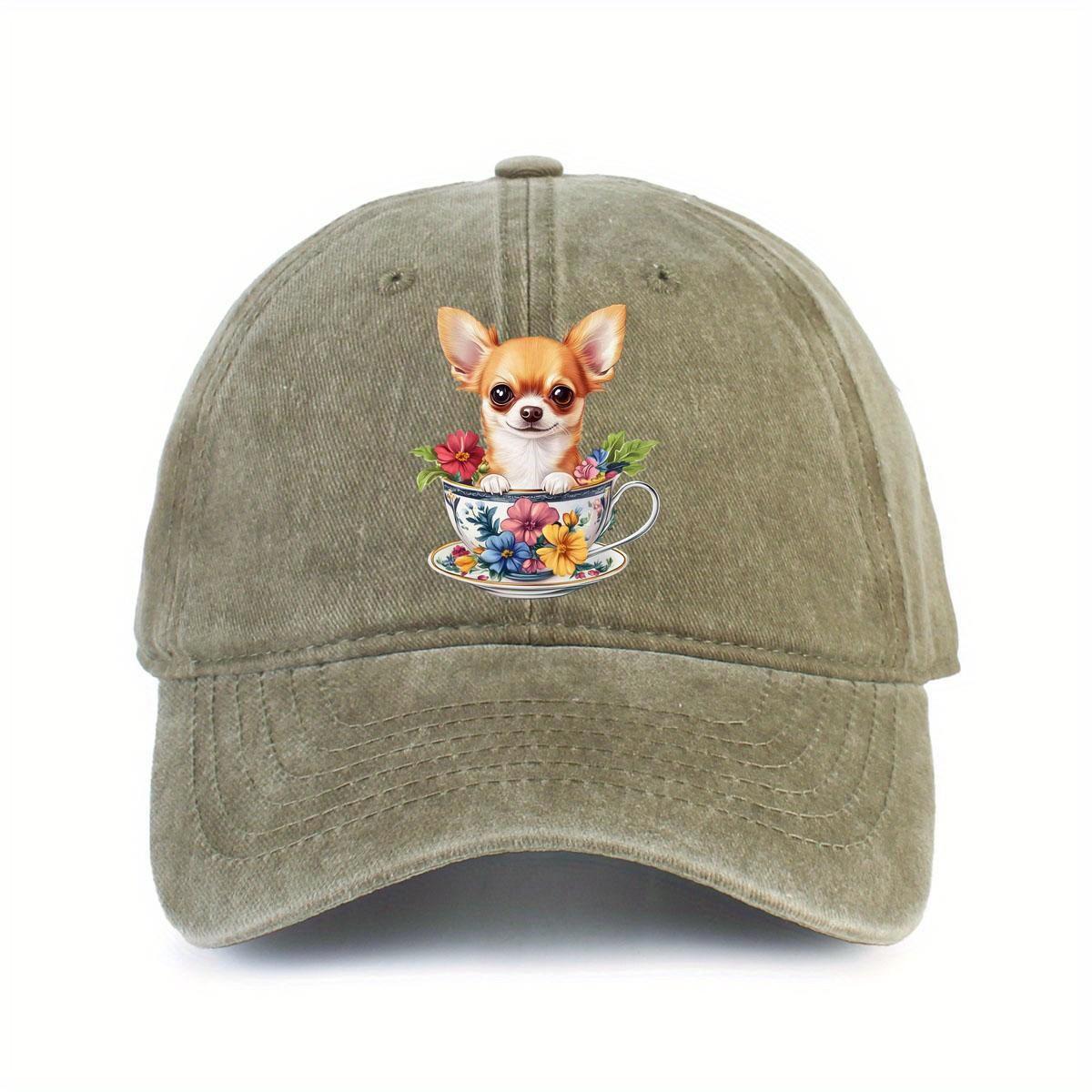 

Cute Chihuahua in Floral Cup Print Cotton Baseball Cap Adjustable Soft Sun Protection Casual Hat for Adults One Size