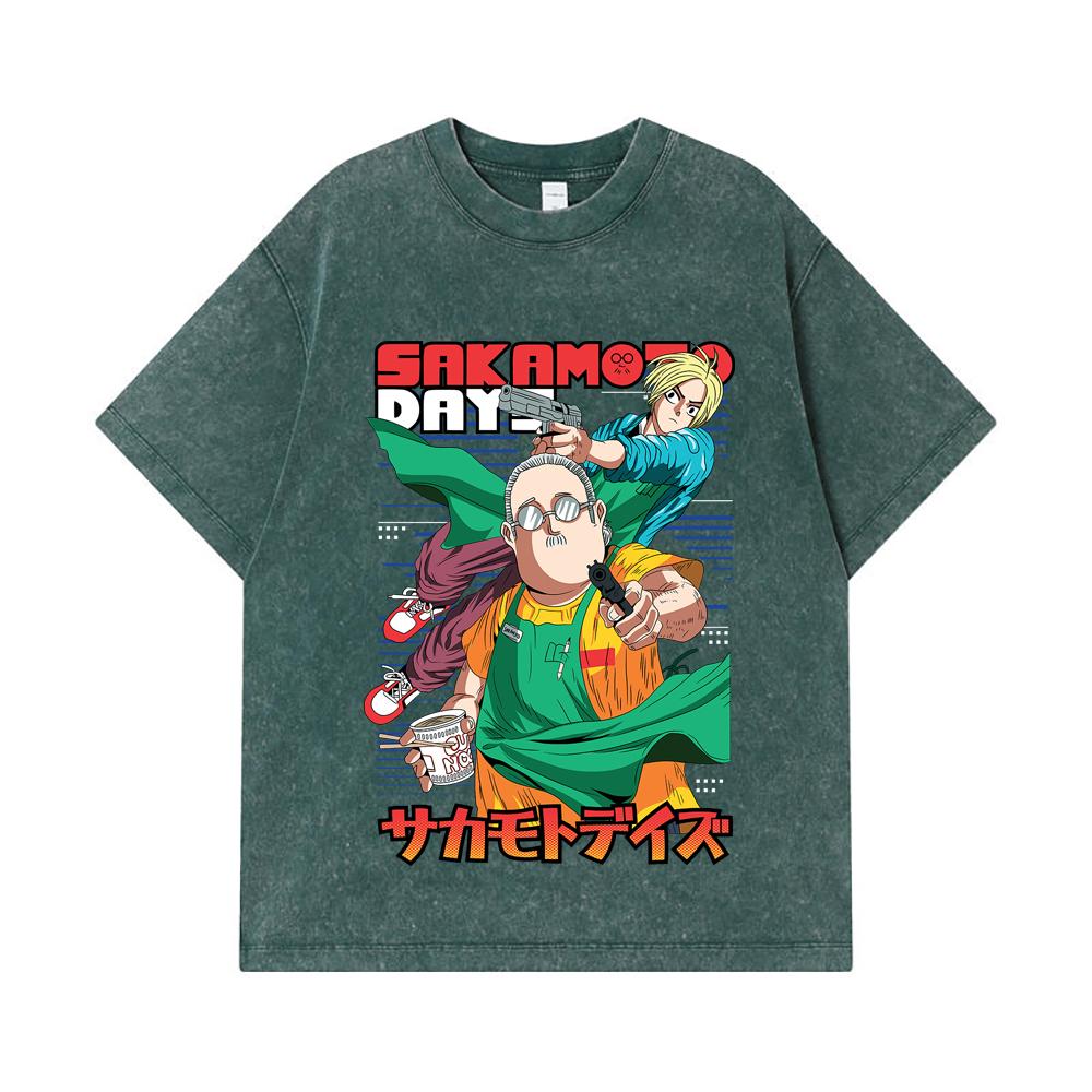 275 GSM Washed T-shirts 100% Cotton Sakamoto Days V3 Taro Shin Print Unisex Heavy Cotton T Shirt