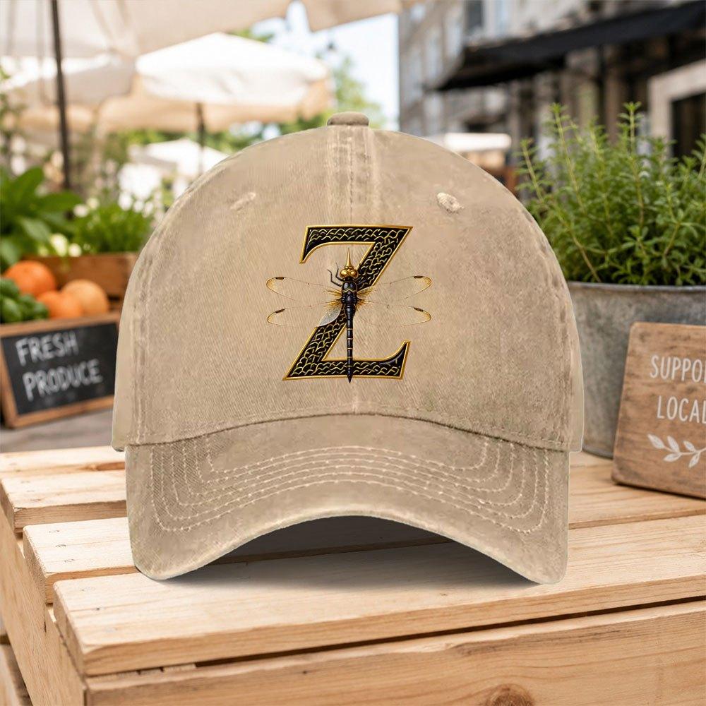 Golden Dragonfly Letter Z Washed Baseball Cap Unisex Casual Duckbill Hat for Outdoor Hiking Daily Commuting