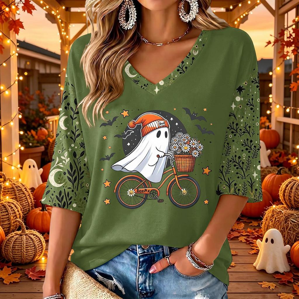 Women's V-Neck Halloween Print Casual Three-Quarter Sleeve Top