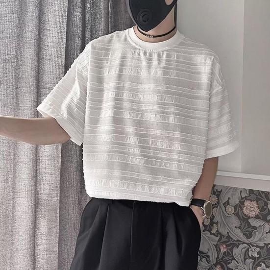 

Мужская футболка в полоску, рваная, с лоскутным воротником, с короткими рукавами, свободная уличная одежда средней длины, повседневная одежда, повседневный топ M чёрный