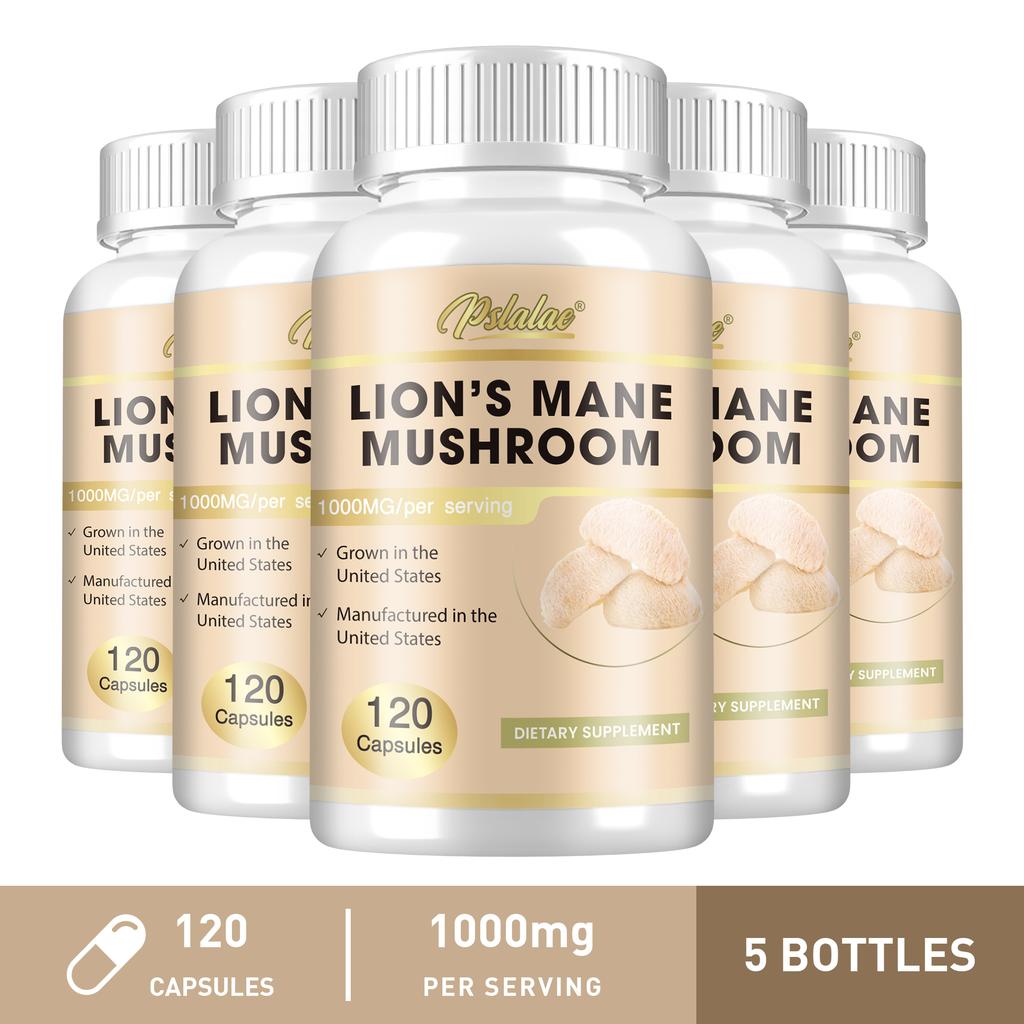 Pslalae Lion's Mane Mushroom Capsules, 1000 mg per serving, all-natural, suitable for both men and women.