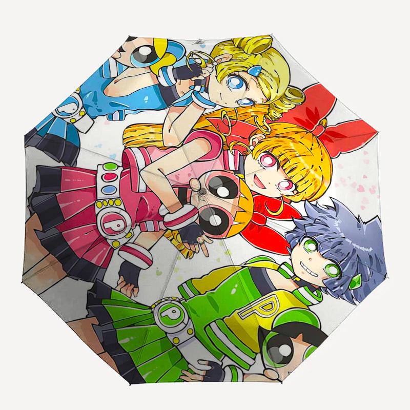 1pc Powerpuff Girls Automatic Opening/Closing Outdoor Umbrella with Portable Tri-Fold Design, 8-Rib Iron Frame Outdoor for Fans, Travelers, Daily