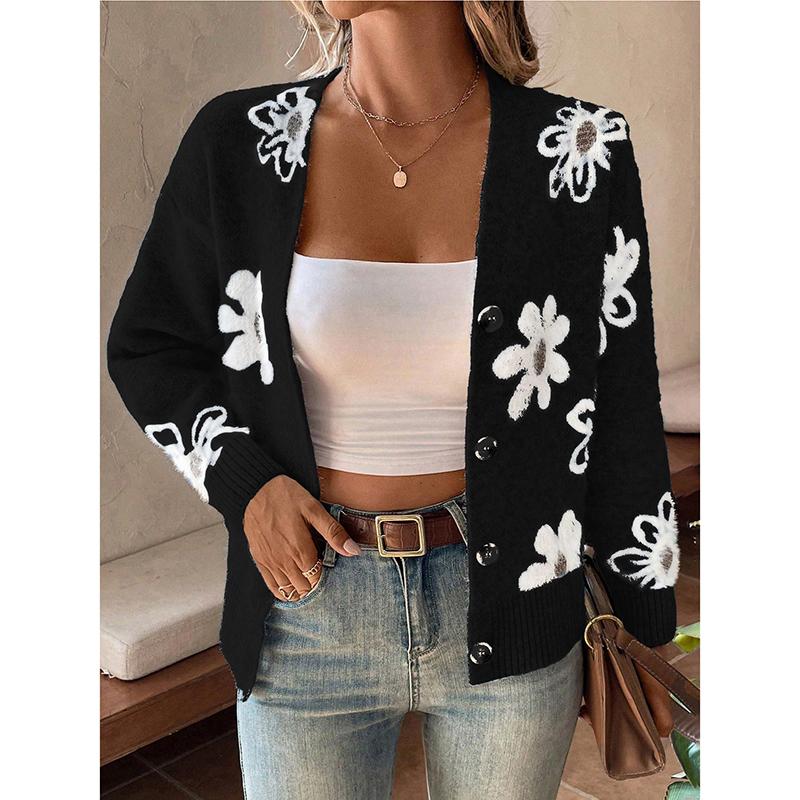 Flower Pattern Button Cardigan Coat Knit Sweater Women Autumn Winter Plush Warm Outerwear Korean Female Fashion Button Jacket