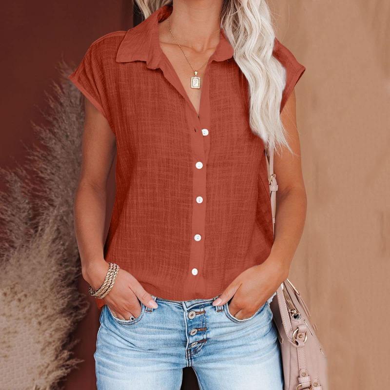 Summer new solid color single-breasted shirt women's casual short-sleeved top