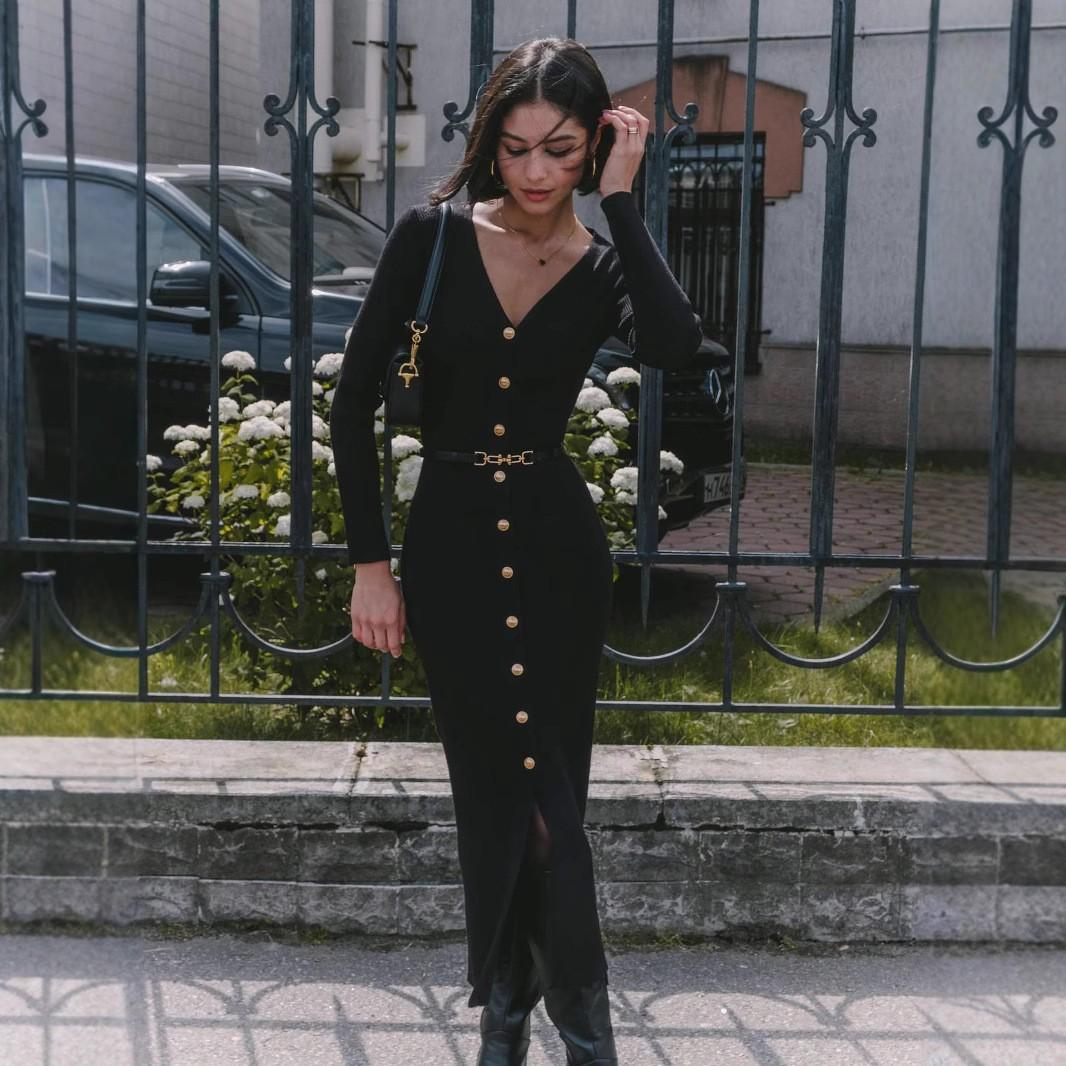 

Вязаное платье Женское Ранняя осень Новое С длинным рукавом Однобортный Свитер Длинное платье M