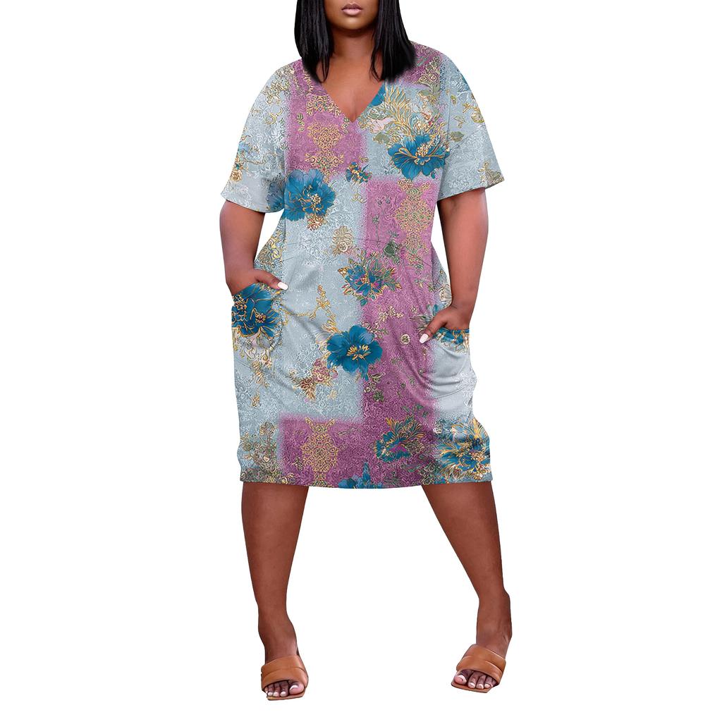 Letní nadměrné velikosti V výstřih krátký rukáv ke kolenům kapsa potisk ležérní šaty pro ženy