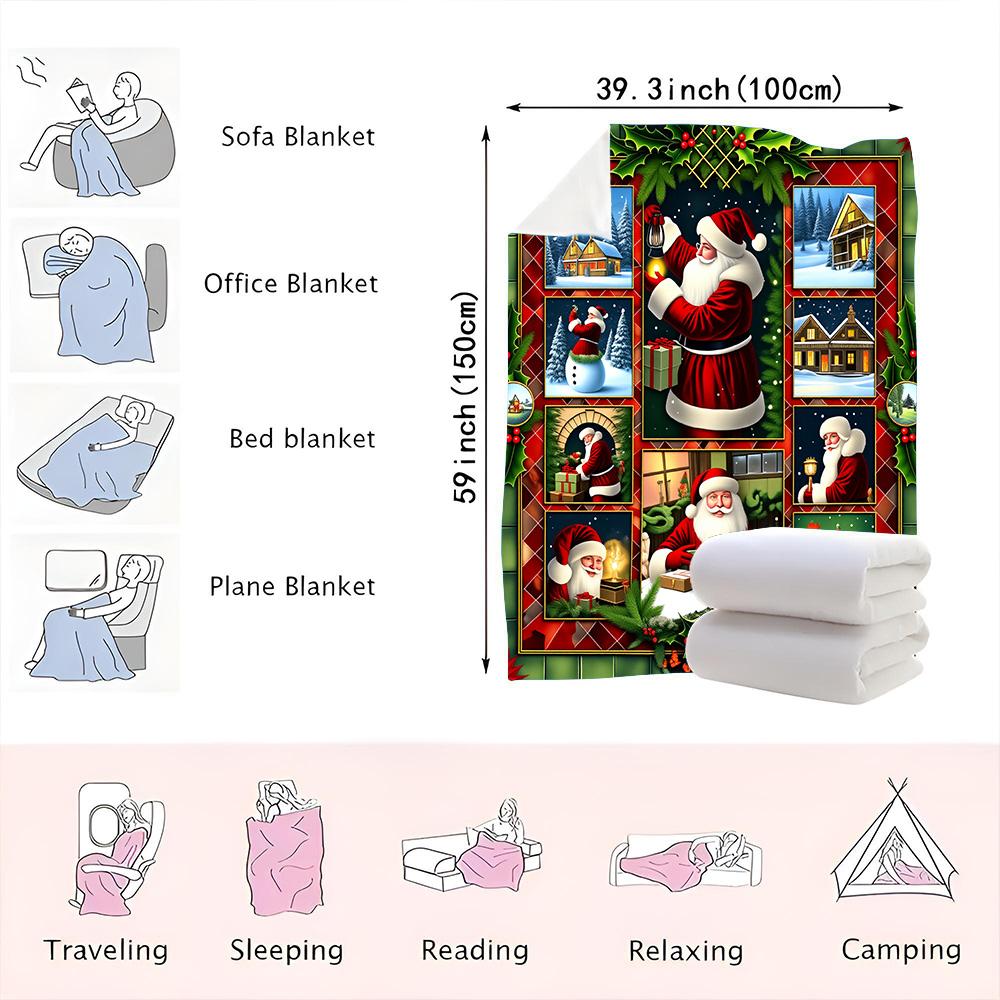 1PC Christmas Santa Print Blanket-Made of soft plush flannel, perfect for sofas, beds or loungers. Ideal for holiday home decor