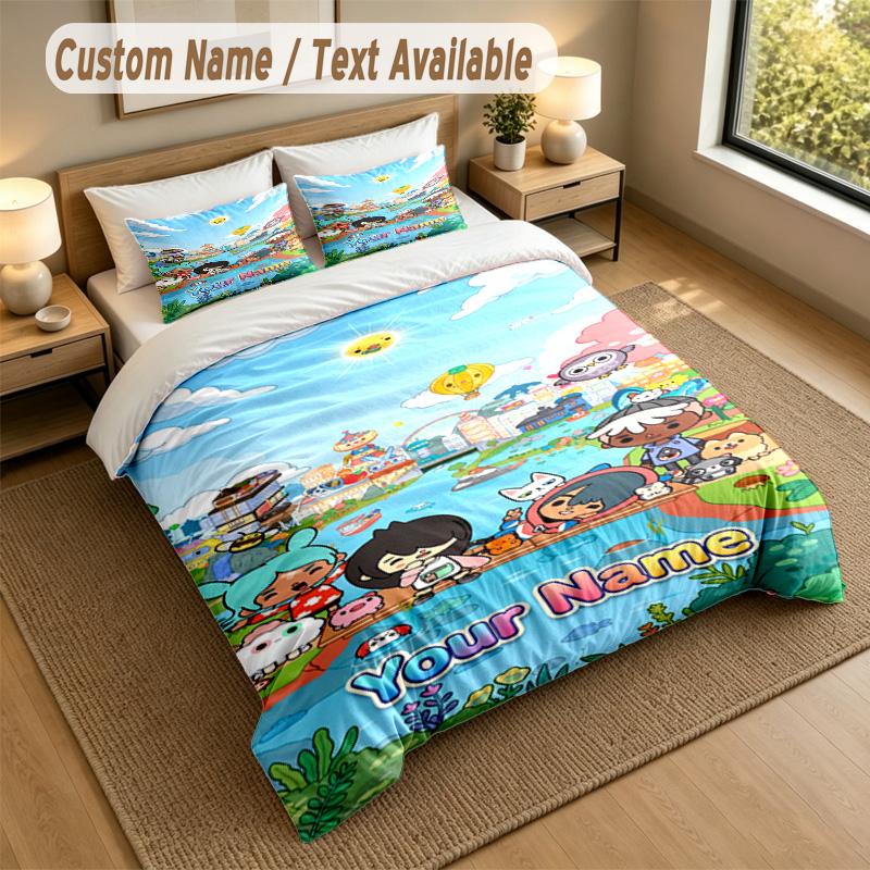 Custom Name Text Bedding 3Pcs Set,Toca Boca 1 Duvet Cover 2 Pillowcases Soft Bed Linen For Gift