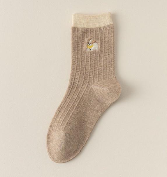 Puppy Embroidered Women's Mid-Calf Cotton Socks - Odor-Resistant, Anti-Pilling, Color Block Cartoon Style for Spring/Autumn