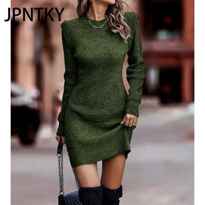 JPNTKY Moda Donna Casual Tinta Unita Stampa Autunno Inverno Manica Lunga Girocollo Ampio Abito Maglione