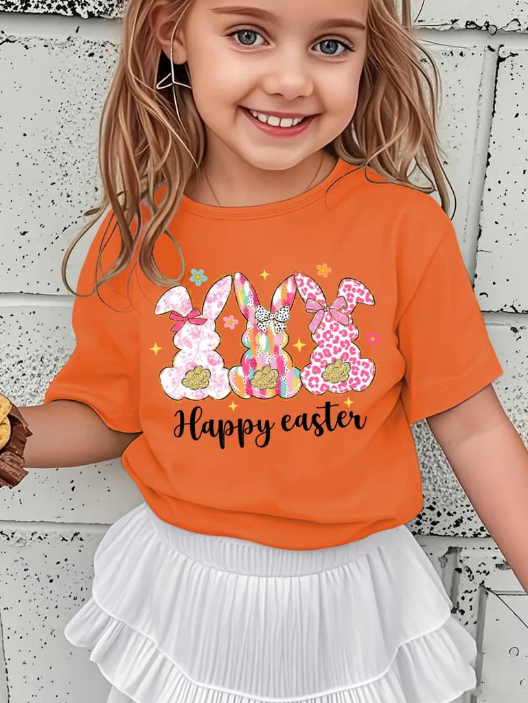 Happy Easter Shirt Kawaii Trio Bunny Kids Tees Colorful Rabbit Outfit Glitter Effect Top Toddler Spring Gift Pastel Girl Clothes