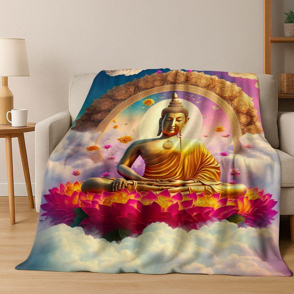 Faith Solemn Buddha Sakyamuni Flower Flannel Blanket,Cozy Soft Throw Blanket for Home Bedroom Bed Sofa Picnic Cover Gift Kids