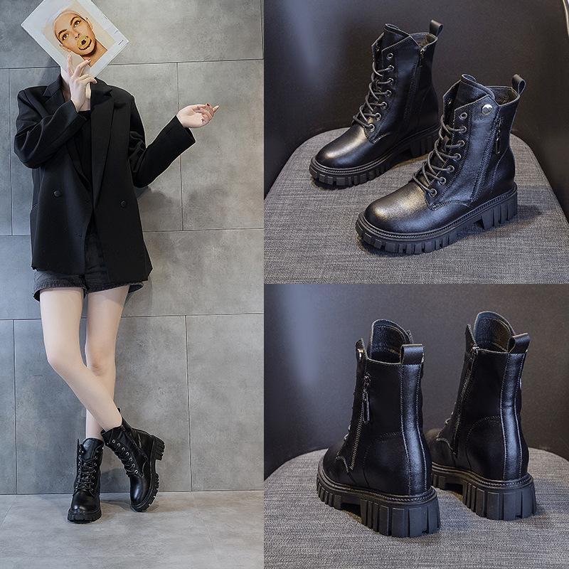 Autumn and Winter Genuine Leather Platform Women Height Increasing Insole British Casual Side Zipper Student Shoes Women Skinny Boots