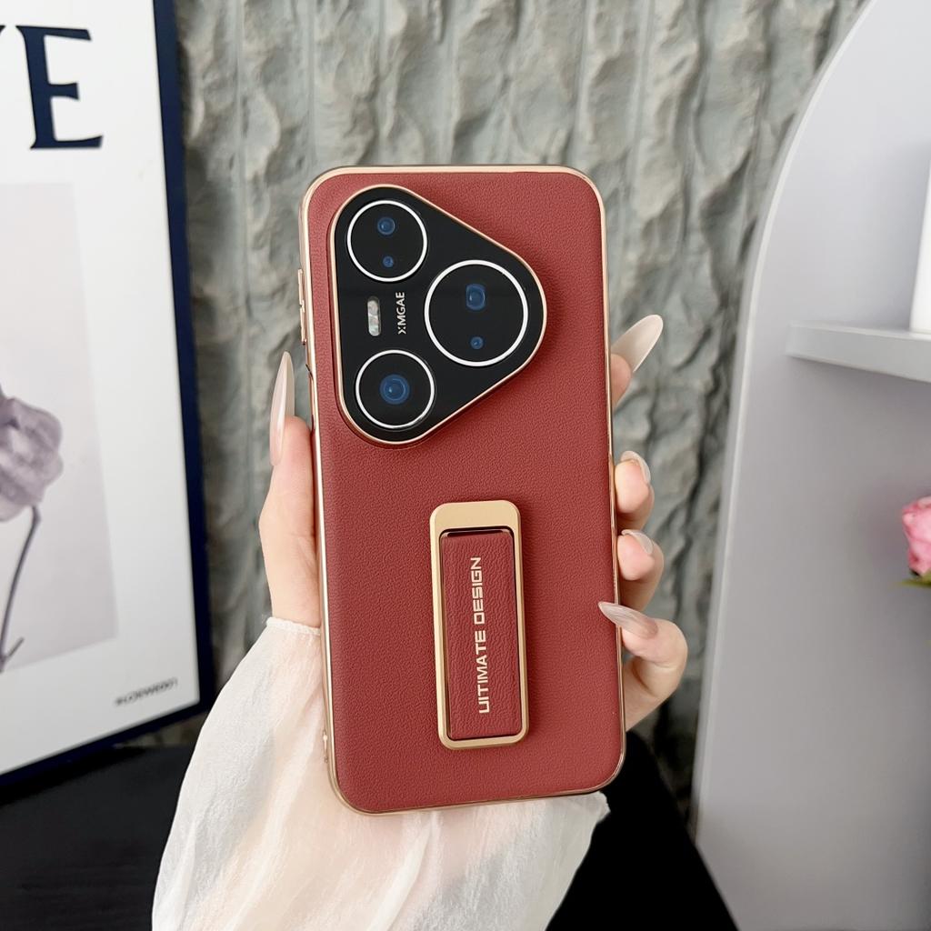 For Huawei Pura 80 70 Pro Plus Ultra Genuine Leather Case Camera Lens Protector Finger Grip Metal Bracket Electroplating Cover