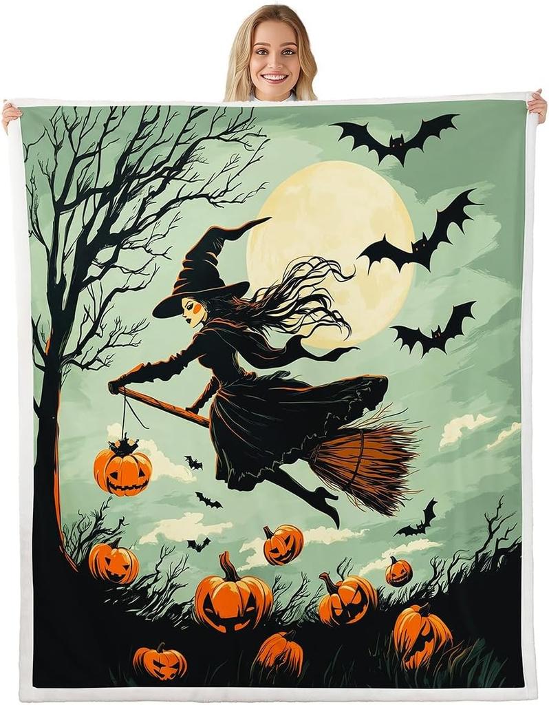 GUOYU Decke Happy Halloween Fleece-Decke Baby Kürbis Geist Feiertags Sherpa-Decke Gotische Fledermäuse Florale Pflanzen Flauschige Plüschdecke für Kinder