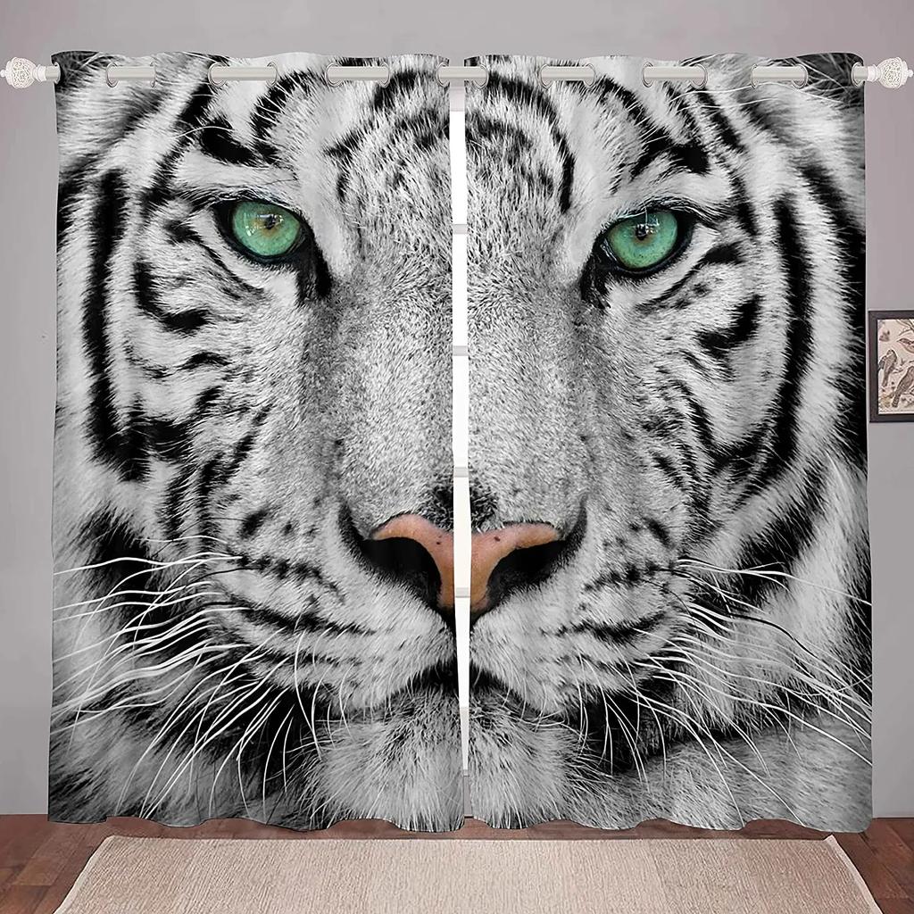 3D Digital Printing Curtain for Kitchen, White Tiger, Wild Animal Pattern, Short Window Curtains, Living Room, 2 Panels