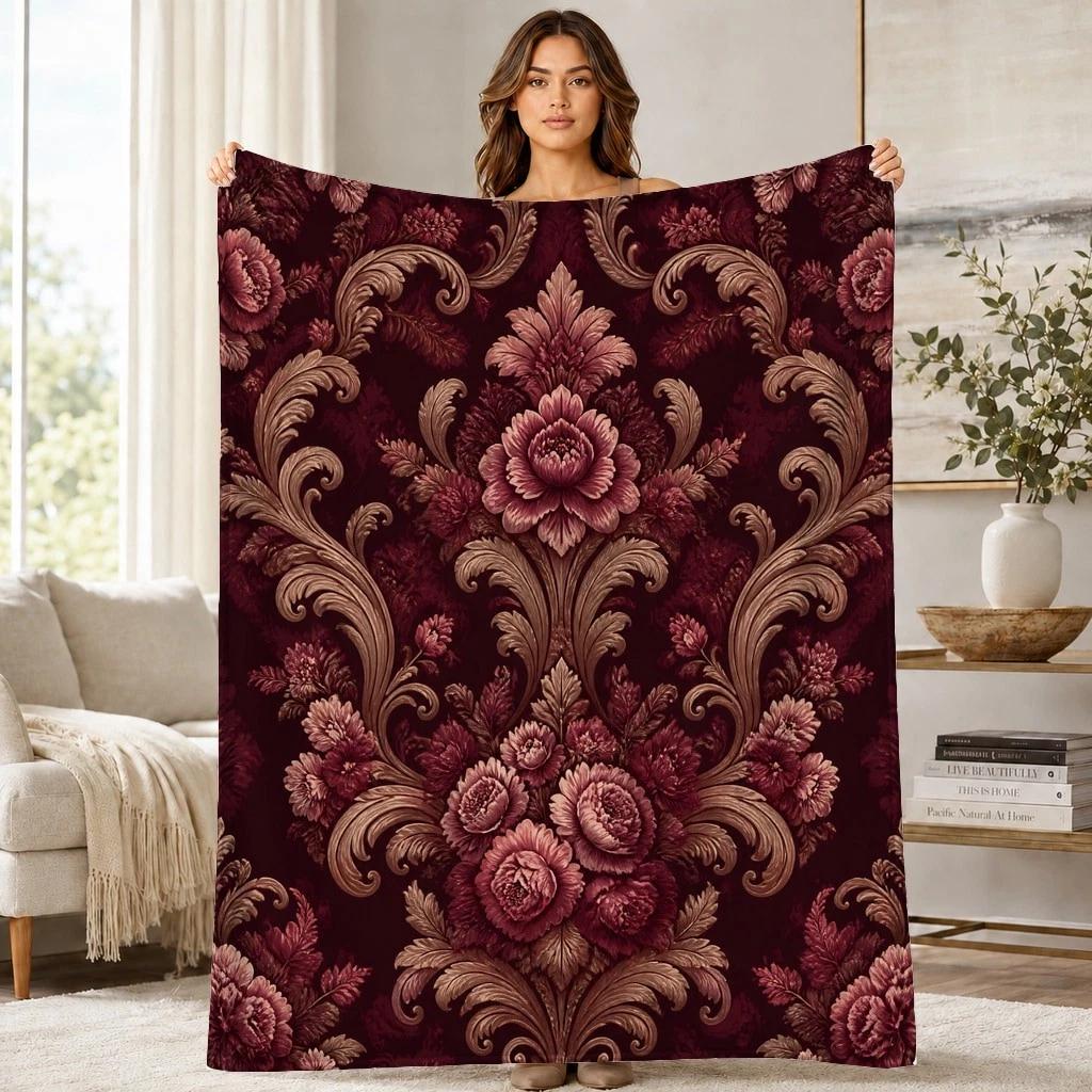 Burgundy Floral Damask Coral Fleece Blanket