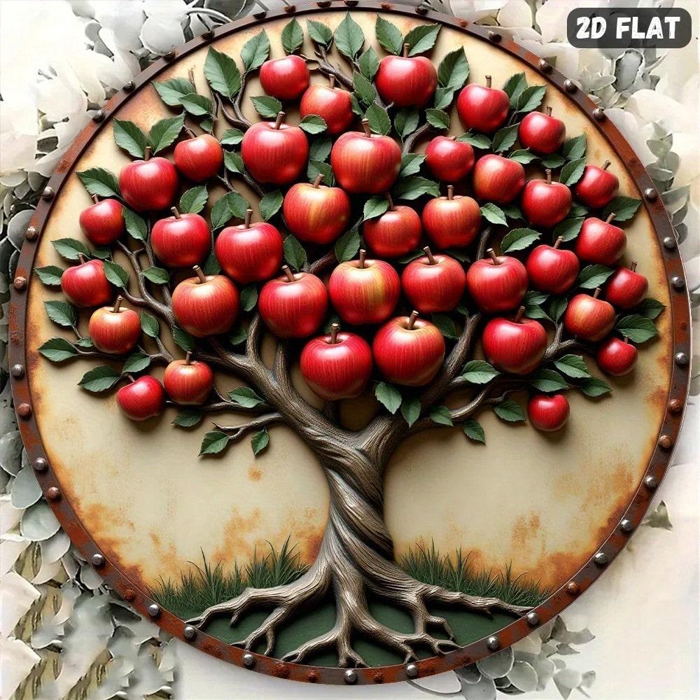 

Red Apple Tree Metal Wall Sign Round Tin Poster for Kitchen