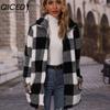 Herbstmode Damen Revers Langarm Locker Kariert Reißverschluss Doppelseitiges Fleece Lässiger Langer Mantel