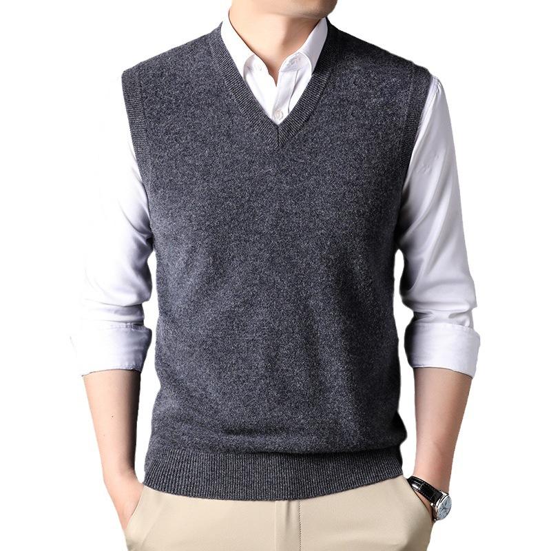 New Autumn and Winter Men's Sleeveless Sweaters Solid Color Warm Vest Cardigan Men's V-neck Vest
