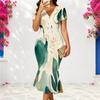 Women Plus Size V Neck Short Sleeve Printed Blue Fitted Fishtail Midi Dress