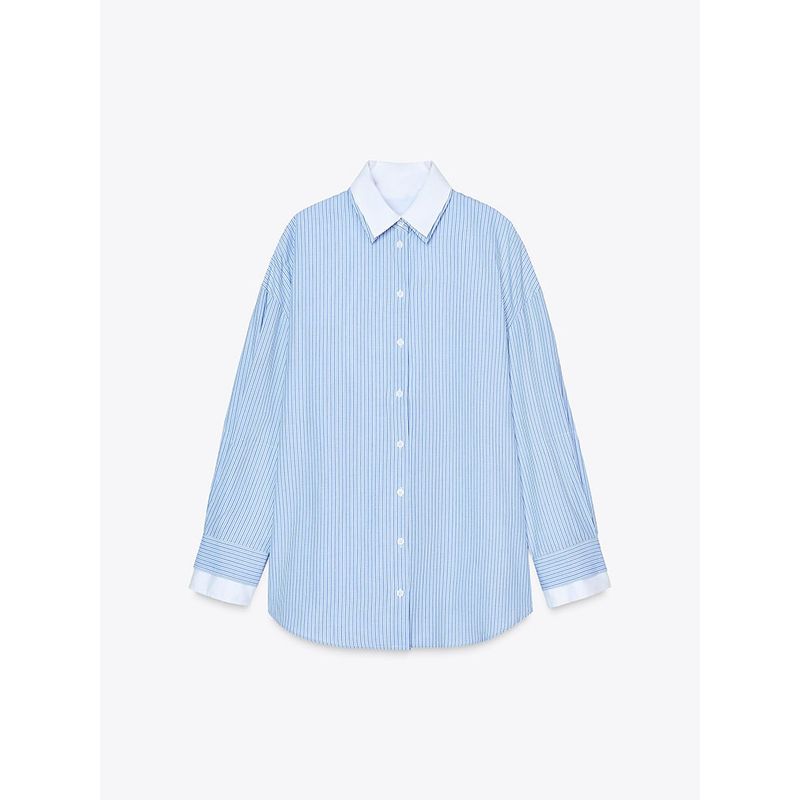 

Za2025 Spring New Women s Clothing Contrast Color Stripes Poplin Long Sleeves Lapel Casual Shirt 2796545 044 Blue L