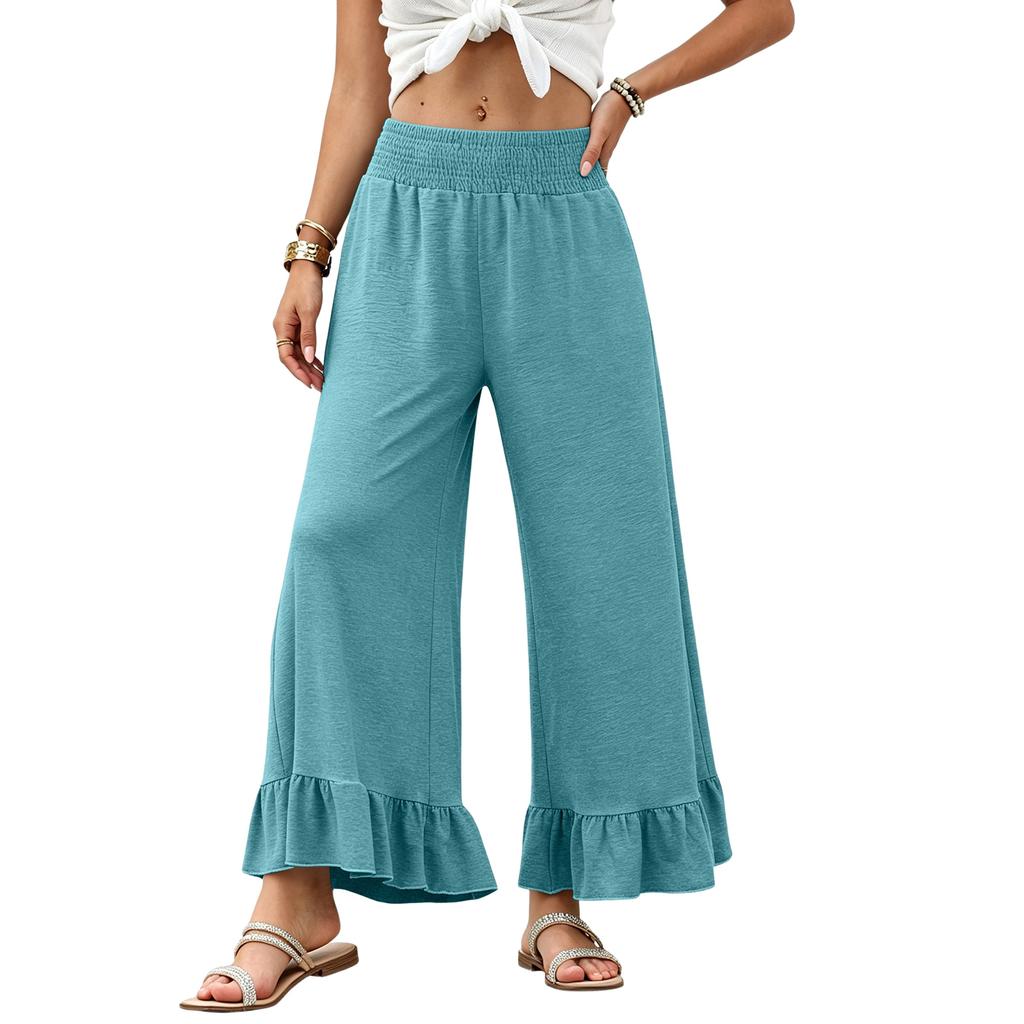 Women Wide Leg Pants Drawstring Waist Elastic High Waist Ruffle Hem Casual Loose Fit Trousers with Pockets Lightweight Soft Fabric