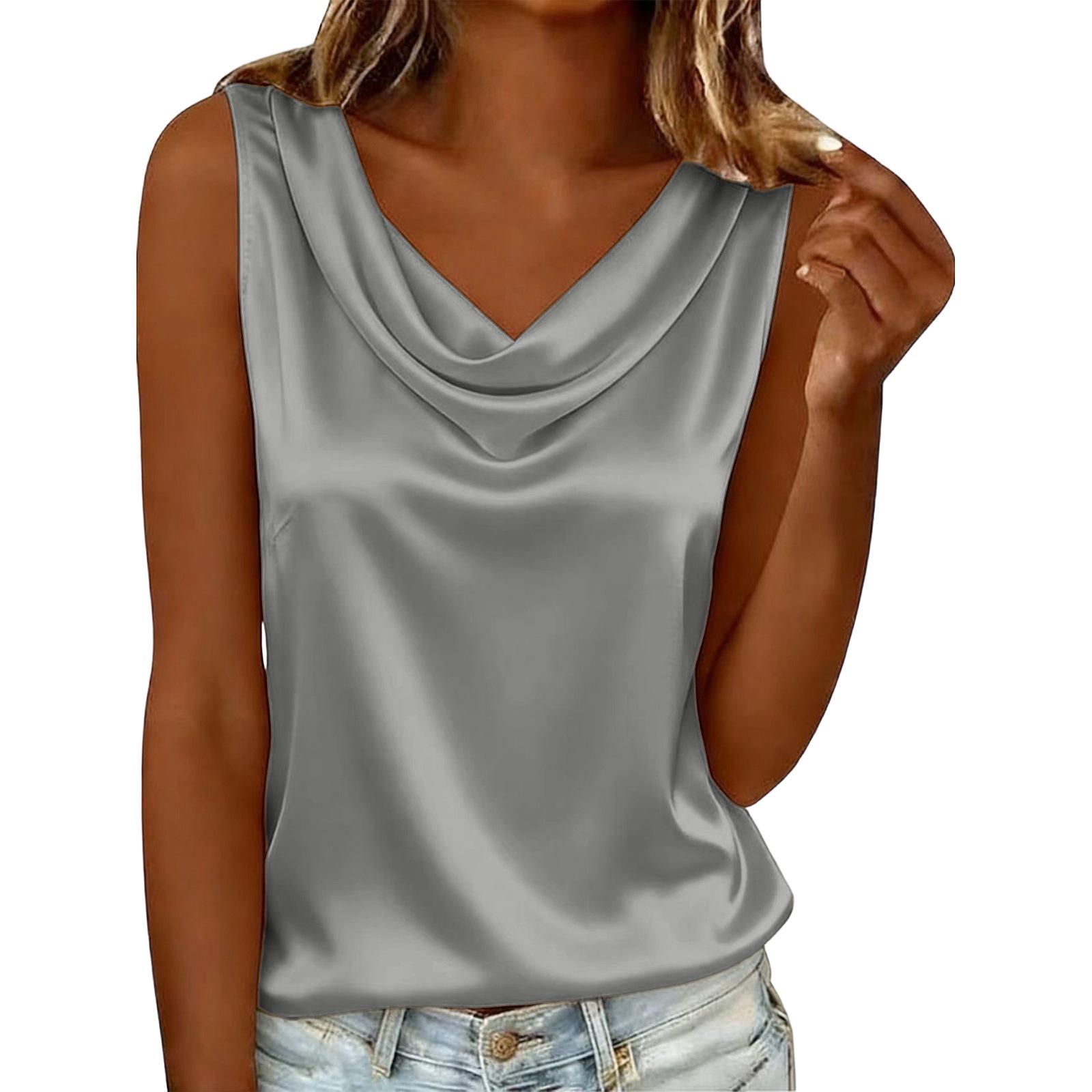 Women s Sleeveless Satin Gabardine Scoop Neck Loose Solid Color T-shirt XXL серебряный серый