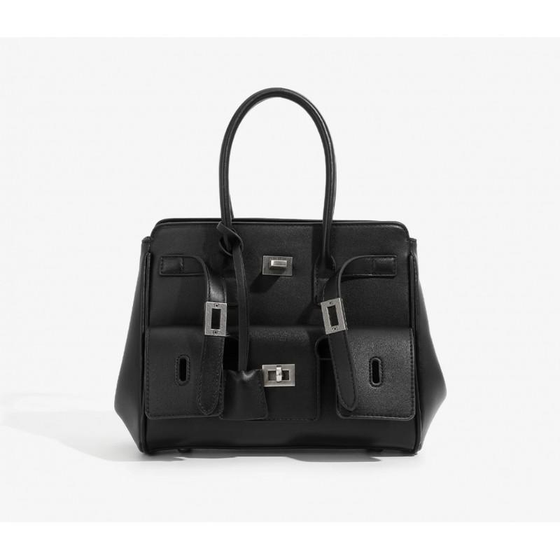 Large Capacity Tote Bag Women Men Soft Leather Paper Shoulder With 3D Exterior Pocket Minimalist Unisex Style