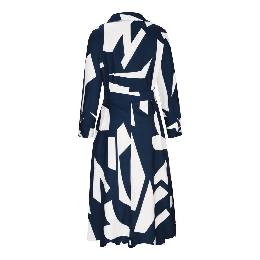 Damen Casual Mode 3/4 Ärmel V-Ausschnitt Blaues Kleid mit geometrischem Druck