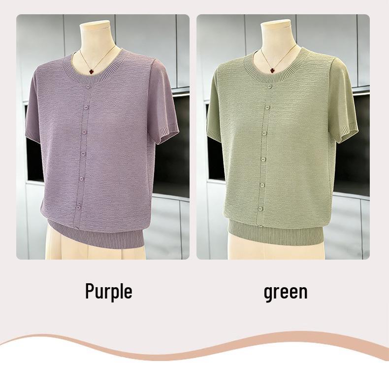 Elegant Summer Knit Top: Ice Silk Short-Sleeve T-Shirt for Stylish Moms and Seniors