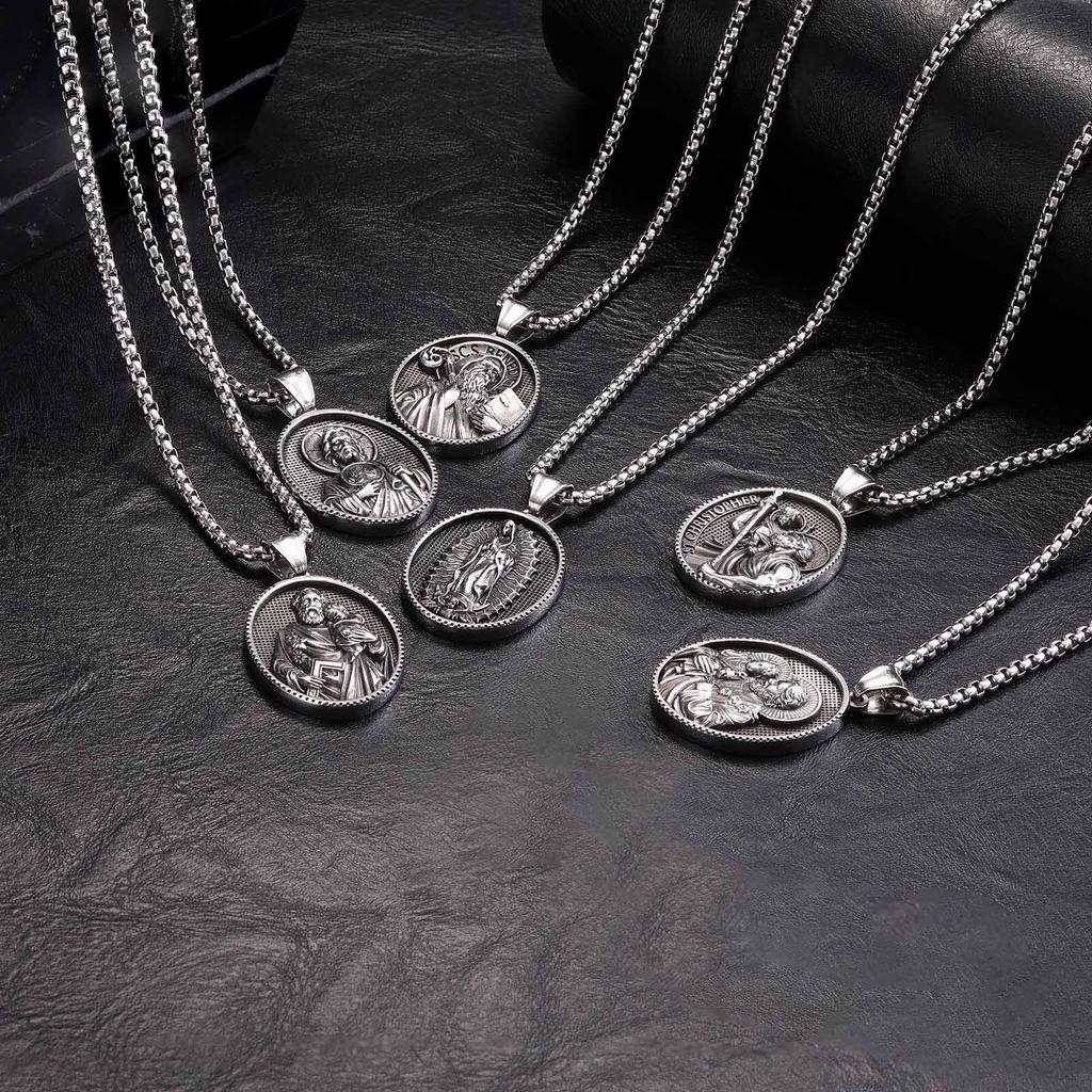 Vnox Stainless Steel Necklaces For Men Women Saint Christopher Elliptical Tag Black Pendant Classic Faith Jewelry Gifts