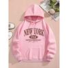 Moletom com Capuz Casual de Manga Longa com Cordão Estampado de Letras de Nova York Outono Inverno 2025 para Roupas Femininas
