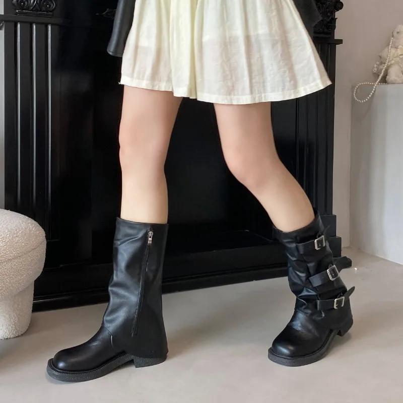 

Fashion Ladies Shoes 2025 New Slip-on Women s Boots Fashion Belt Buckle Modern Boots Women Winter Round Toe Best Seller Mid-Calf Boots 35 чёрный