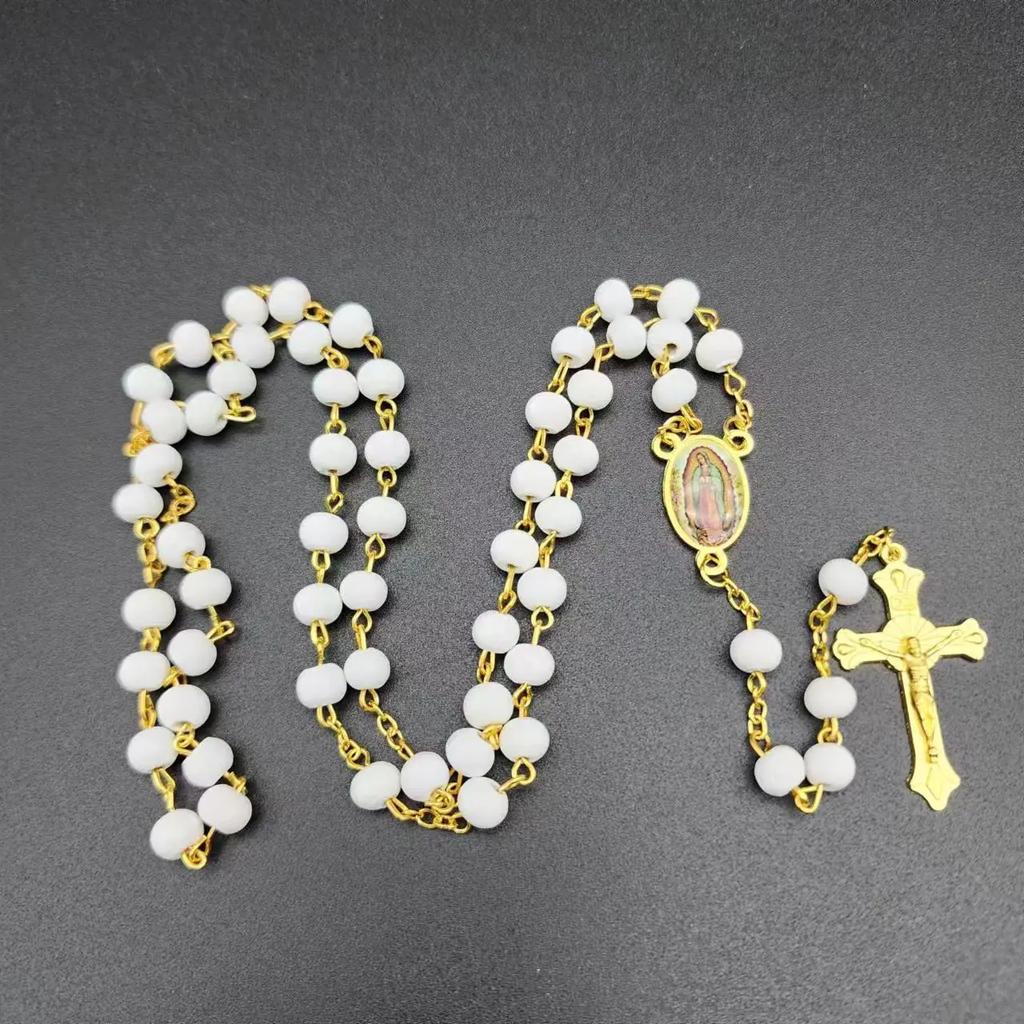 White Wooden Rosary Necklace For Women Crucifix Cross Pendant Long Chain Necklace Men Religious Catholic Prayer Jewelry